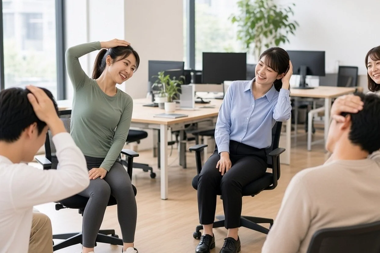 オフィスで社員がヨガのストレッチをする Spoteee のプログラム